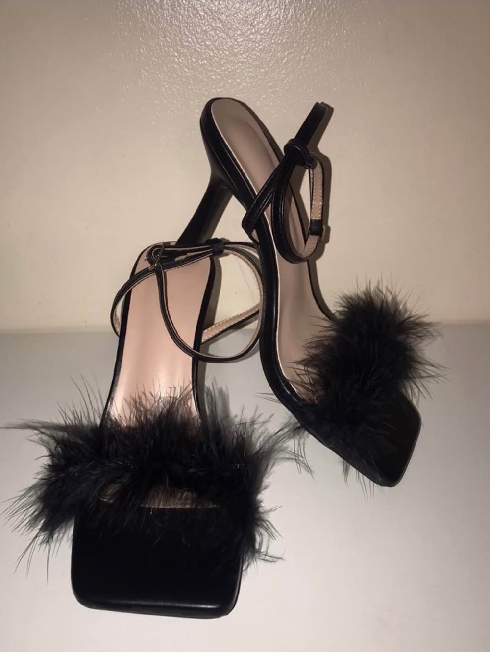 Black Feather Trim Ankle-Strap Heels - Women
